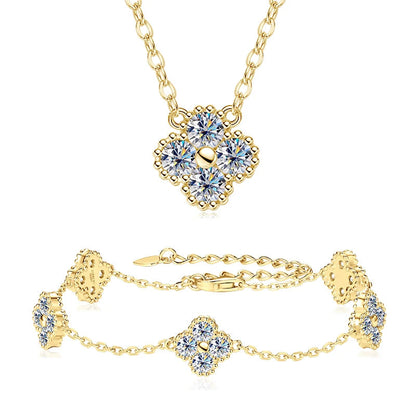 18k Gold Plated 925 Silver 3mm Moissanite Necklace Earrings Bracelet Sets 3 In 1 Clover Flower Charm Jewelry Set for Women Gift T Styles Online