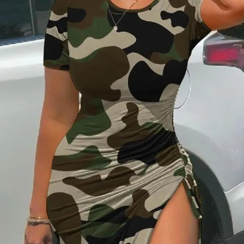 Women's Fashion Dress Camouflage Print Drawstring High Slit Dress 2024 Summer Latest Casual Round Neck Ruched Skinny Midi Skirt T Styles Online