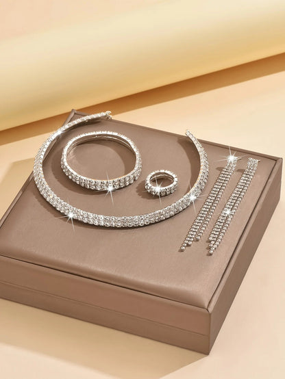 5pcs Luxurious Rhinestone Jewelry Set for Women,Choker, Earrings, Stretch Bracelet & Ring for Weddings, Banquets & Parties T Styles Online