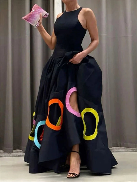 2025 Fashion Women's Stylish Dress Round Neck Sleeveless High Waist Pleated Party Dress Hollowed Floor Length Dress T Styles Online