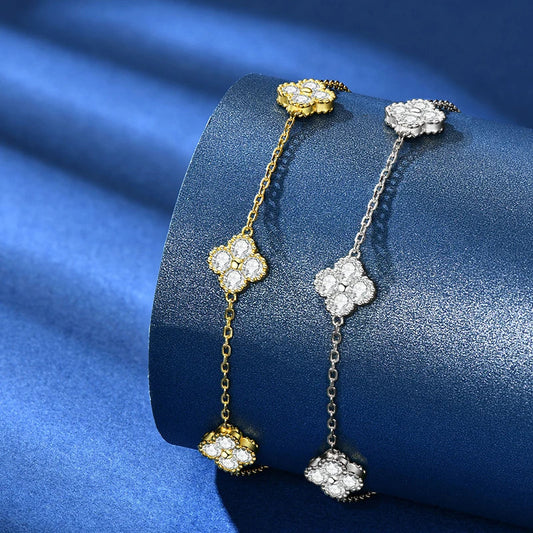 18k Gold Plated 925 Silver 3mm Moissanite Necklace Earrings Bracelet Sets 3 In 1 Clover Flower Charm Jewelry Set for Women Gift T Styles Online
