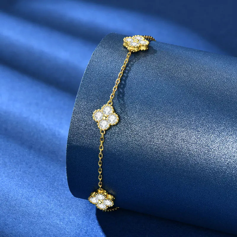 18k Gold Plated 925 Silver 3mm Moissanite Necklace Earrings Bracelet Sets 3 In 1 Clover Flower Charm Jewelry Set for Women Gift T Styles Online