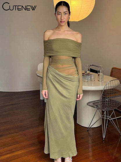 Cutenew Mesh Ruched Women Maxi Dress Sexy See Through Off Shoulder Long Sleeve Sheath Vestidos Female Midnight Party Solid Robe T Styles Online