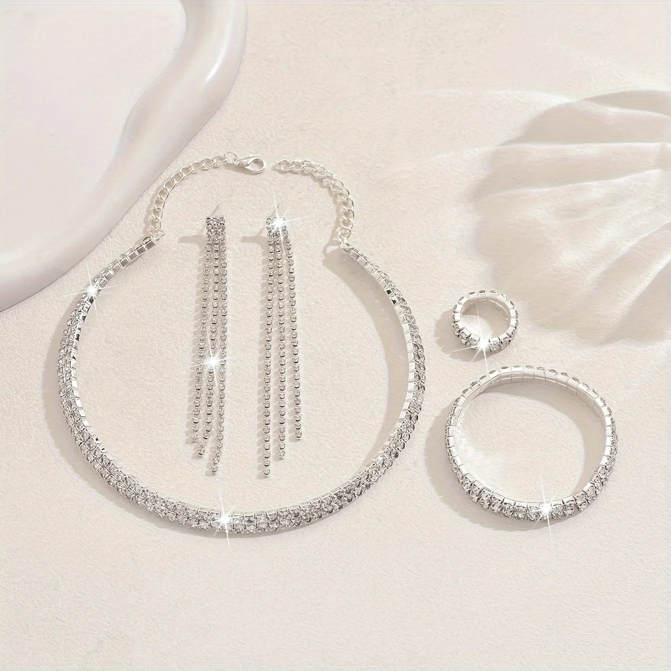 5pcs Luxurious Rhinestone Jewelry Set for Women,Choker, Earrings, Stretch Bracelet & Ring for Weddings, Banquets & Parties T Styles Online