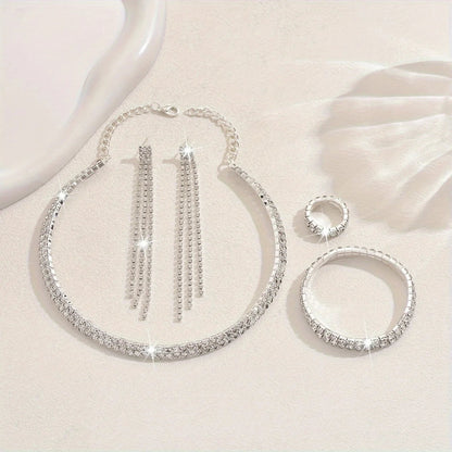 5pcs Luxurious Rhinestone Jewelry Set for Women,Choker, Earrings, Stretch Bracelet & Ring for Weddings, Banquets & Parties T Styles Online