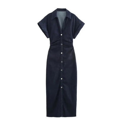 2025 traf Spring New 1975 series denim MIDI dress with lapel side zipper fashion wrinkle waist slim elegant dress T Styles Online