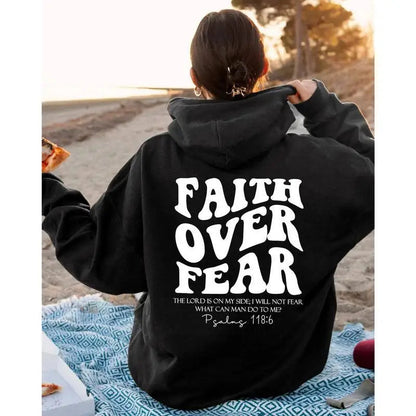 Faith Over Fear Hoodie, Christian Bible Verse Psalms 118:6 Inspirational Sweatshirt, Unisex Religious Back Print Gift T Styles Online