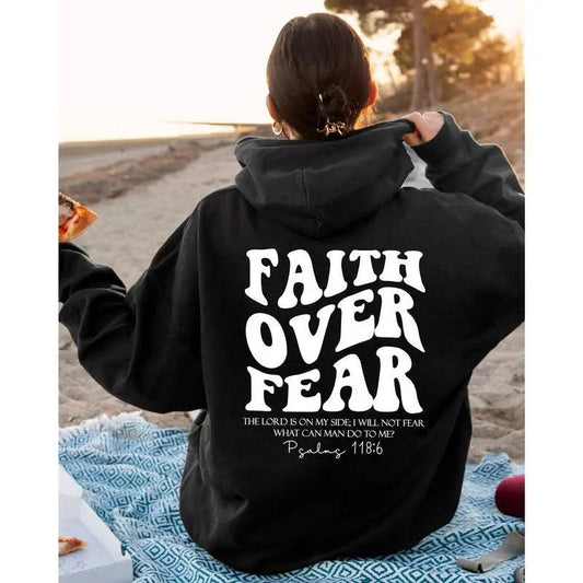 Faith Over Fear Hoodie, Christian Bible Verse Psalms 118:6 Inspirational Sweatshirt, Unisex Religious Back Print Gift T Styles Online