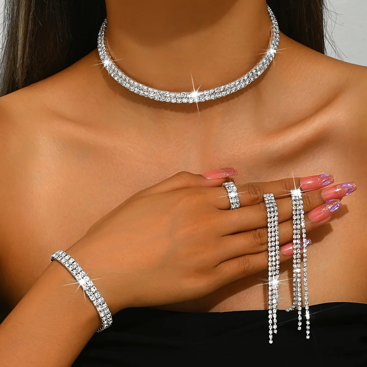 5pcs Luxurious Rhinestone Jewelry Set for Women,Choker, Earrings, Stretch Bracelet & Ring for Weddings, Banquets & Parties T Styles Online