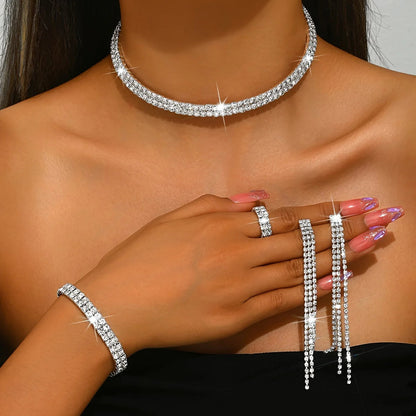 5pcs Luxurious Rhinestone Jewelry Set for Women,Choker, Earrings, Stretch Bracelet & Ring for Weddings, Banquets & Parties T Styles Online