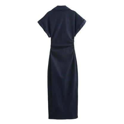 2025 traf Spring New 1975 series denim MIDI dress with lapel side zipper fashion wrinkle waist slim elegant dress T Styles Online