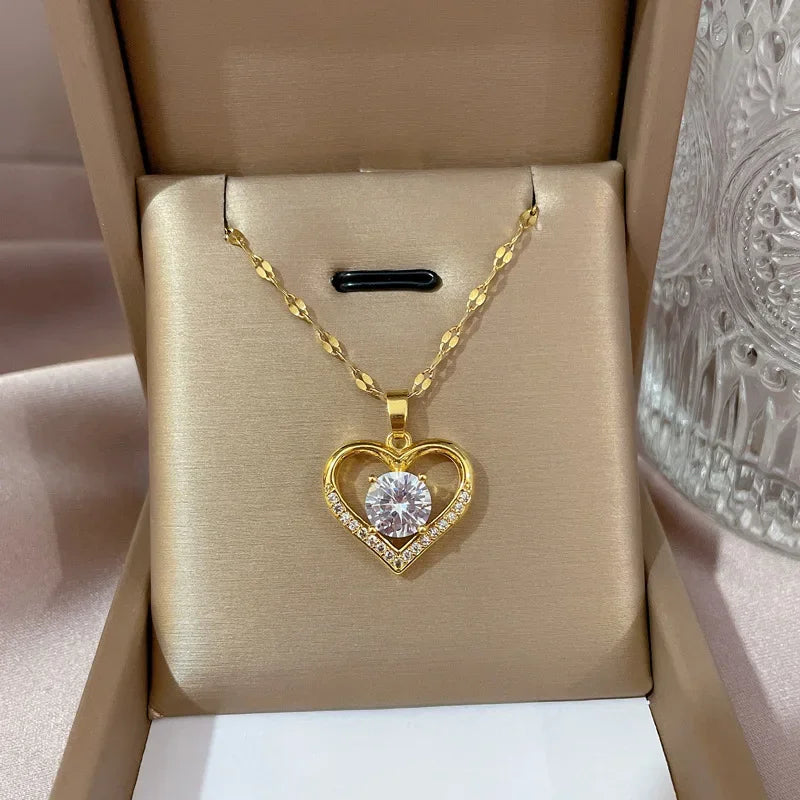 Trendy Heart Stainless Steel Zirconia Necklaces For Women Girls Love Gold Color Metal Necklace Party Birthday Daily Jewelry T Styles Online