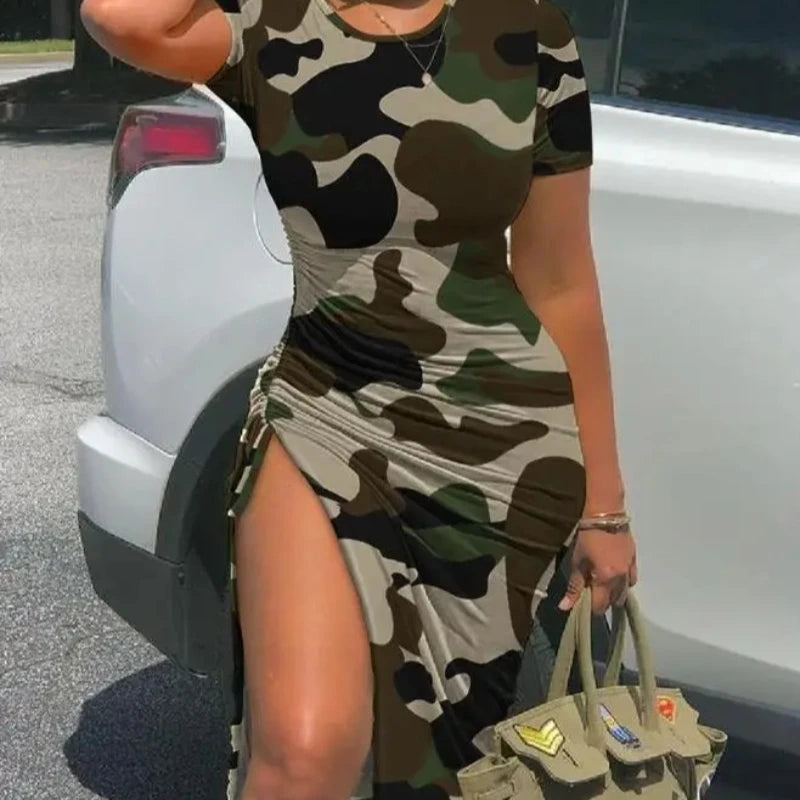 Women's Fashion Dress Camouflage Print Drawstring High Slit Dress 2024 Summer Latest Casual Round Neck Ruched Skinny Midi Skirt T Styles Online