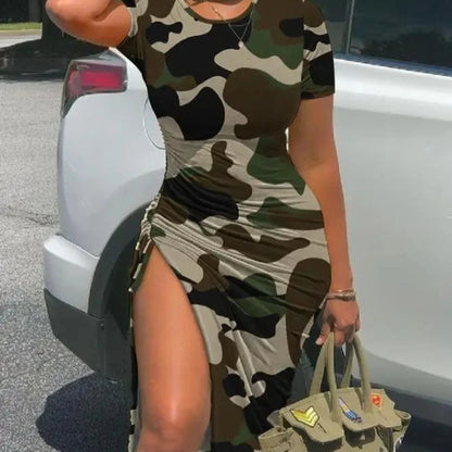 Women's Fashion Dress Camouflage Print Drawstring High Slit Dress 2024 Summer Latest Casual Round Neck Ruched Skinny Midi Skirt T Styles Online