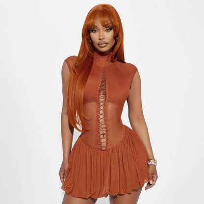 CUTENOVA Women'S Sexy Half High Neck Short Sleeve Chest Wear Rope Hollow Out Lace-Up Patchwork Mesh Yarn Pleated Short Dresses T Styles Online