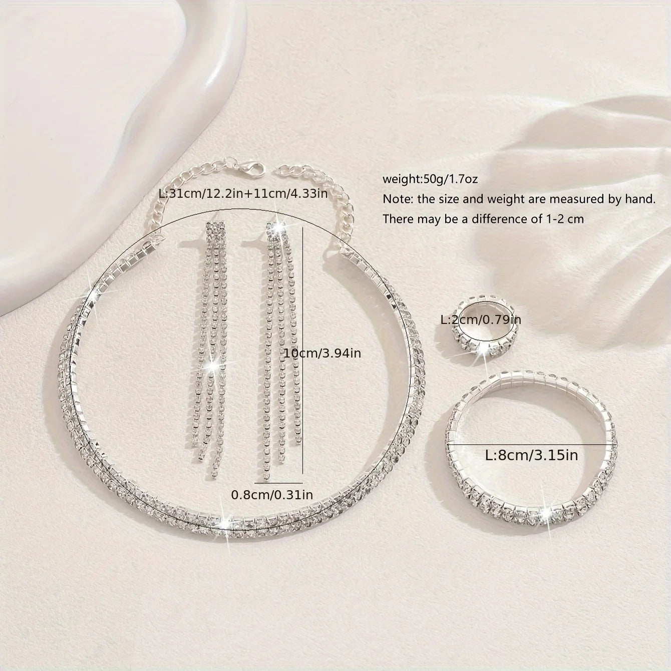 5pcs Luxurious Rhinestone Jewelry Set for Women,Choker, Earrings, Stretch Bracelet & Ring for Weddings, Banquets & Parties T Styles Online