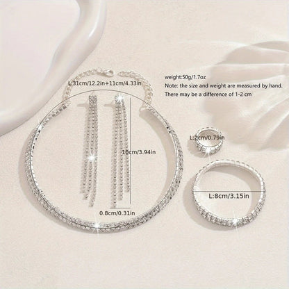 5pcs Luxurious Rhinestone Jewelry Set for Women,Choker, Earrings, Stretch Bracelet & Ring for Weddings, Banquets & Parties T Styles Online