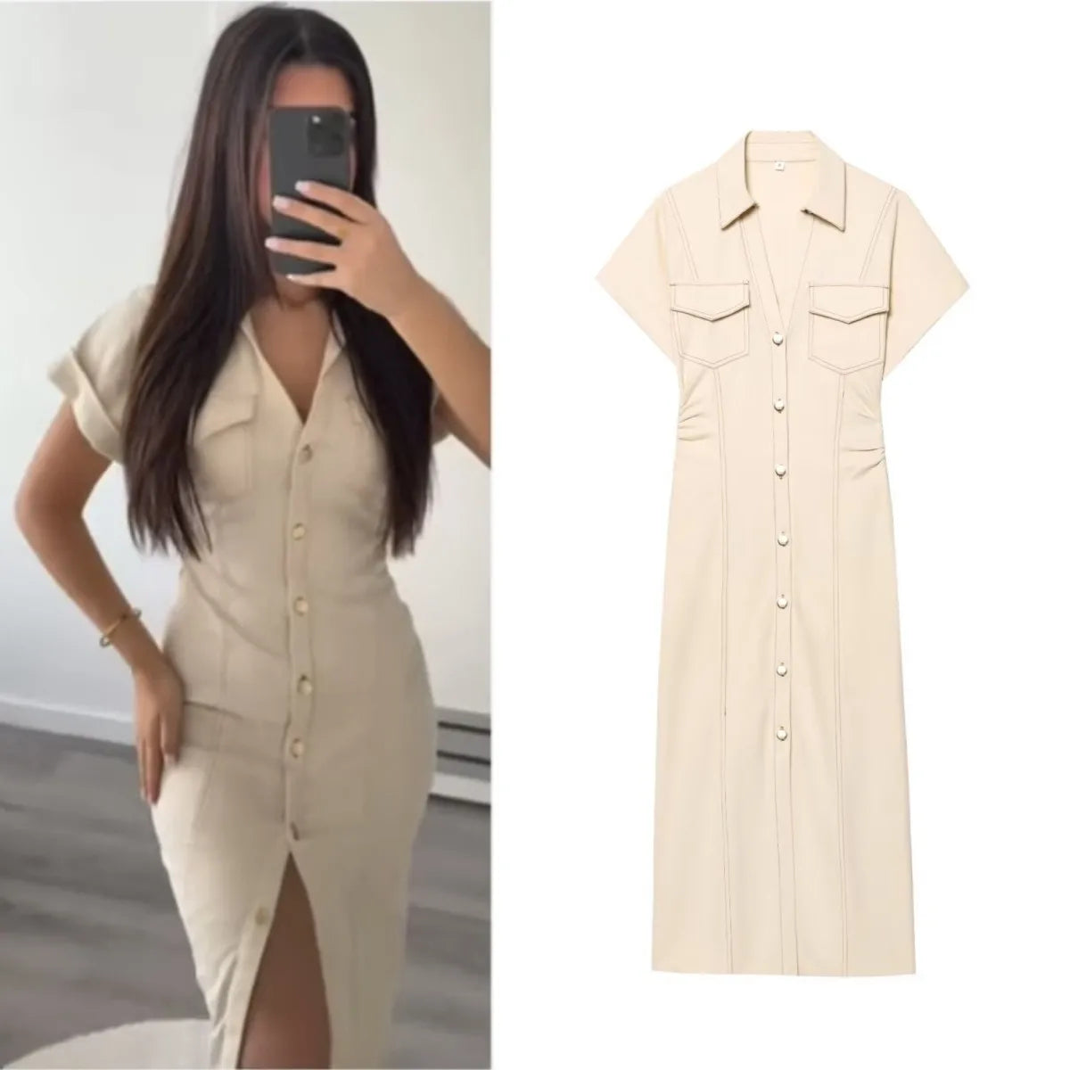 2025 traf Spring New 1975 series denim MIDI dress with lapel side zipper fashion wrinkle waist slim elegant dress T Styles Online