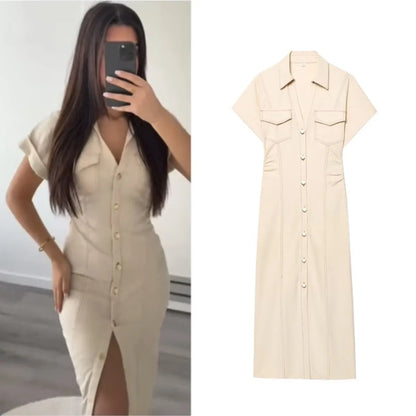 2025 traf Spring New 1975 series denim MIDI dress with lapel side zipper fashion wrinkle waist slim elegant dress T Styles Online