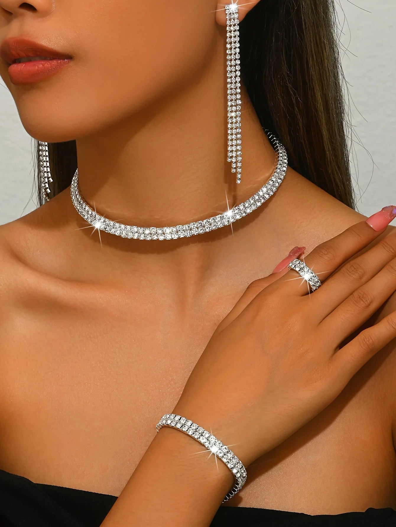 5pcs Luxurious Rhinestone Jewelry Set for Women,Choker, Earrings, Stretch Bracelet & Ring for Weddings, Banquets & Parties T Styles Online