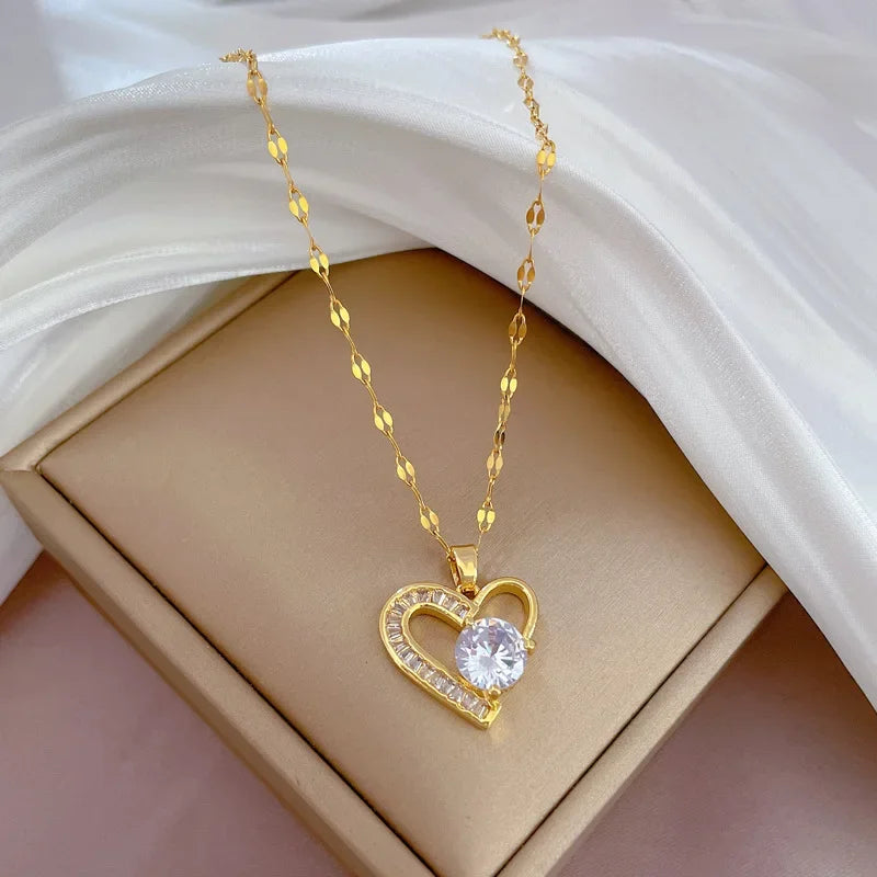 Trendy Heart Stainless Steel Zirconia Necklaces For Women Girls Love Gold Color Metal Necklace Party Birthday Daily Jewelry T Styles Online