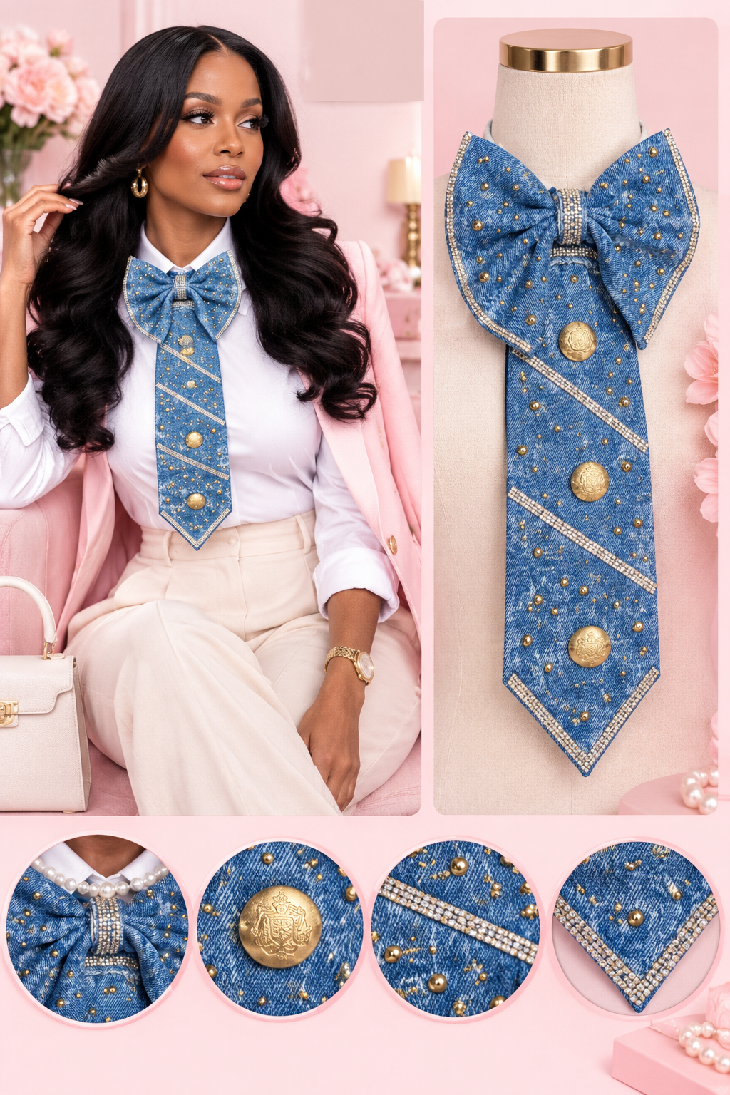 Denim Bow Junk Tie Necklace with Gold Buttons & Rhinestones (Preorder) T Styles Online