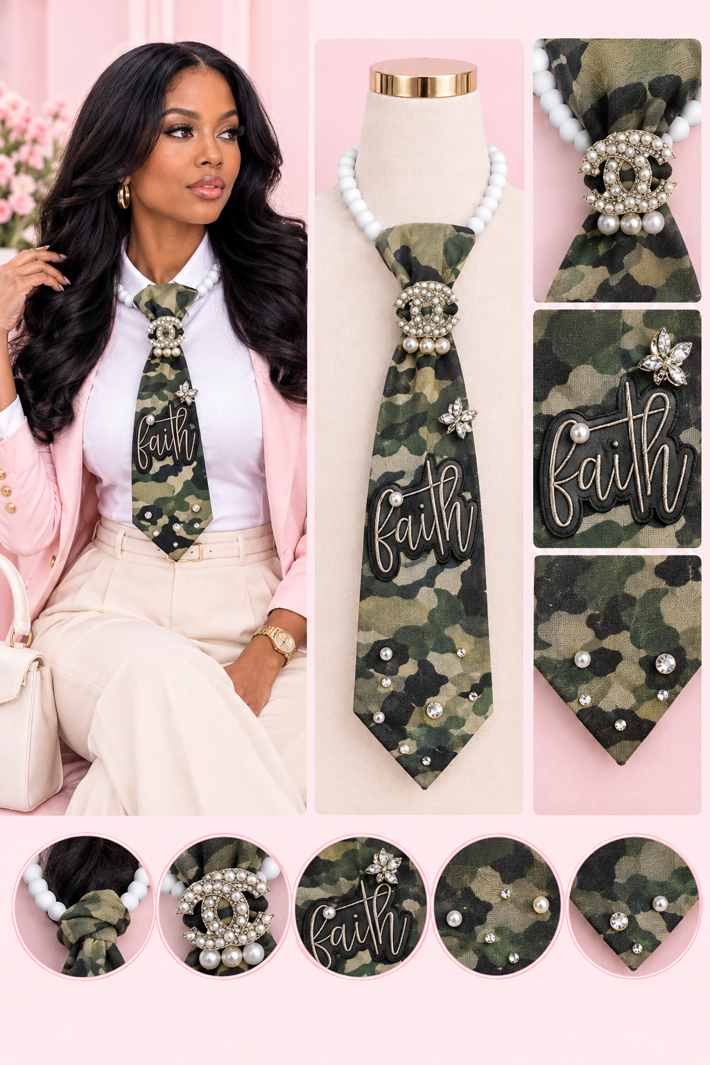 Camo Faith Junk Tie Necklace with Pearl Brooch & Rhinestones (Preorder) T Styles Online