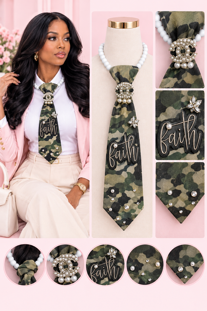 Camo Faith Junk Tie Necklace with Pearl Brooch & Rhinestones (Preorder) T Styles Online
