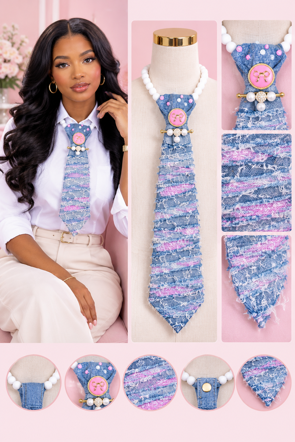 Breast Cancer Awareness Junk Tie Necklace – Pink Survivor Ribbon & Rhinestones (Preorder) T Styles Online