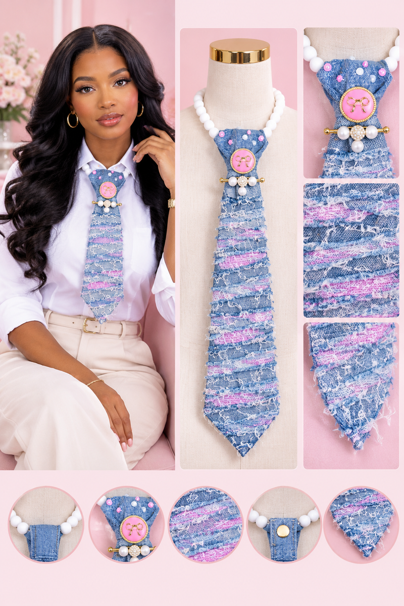 Pink Frayed Denim Junk Tie Necklace with Pearl Pin & Bow Button (Preorder)