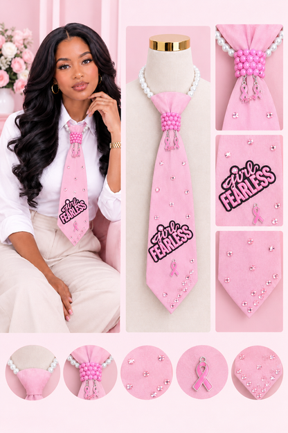 "She Is Fearless" Breast Cancer Awareness Junk Tie Necklace with Pink Ribbon Charms (Preorder) T Styles Online