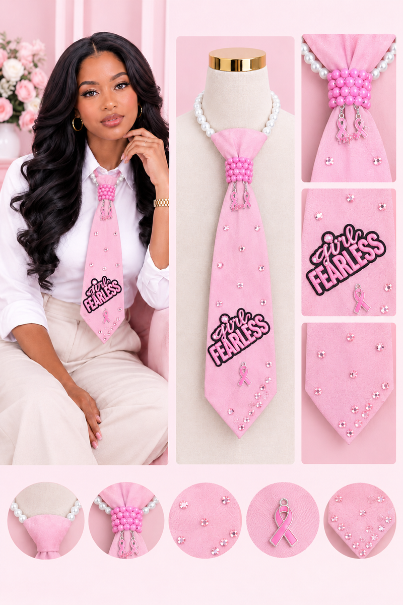 "She Is Fearless" Breast Cancer Awareness Junk Tie Necklace with Pink Ribbon Charms (Preorder)
