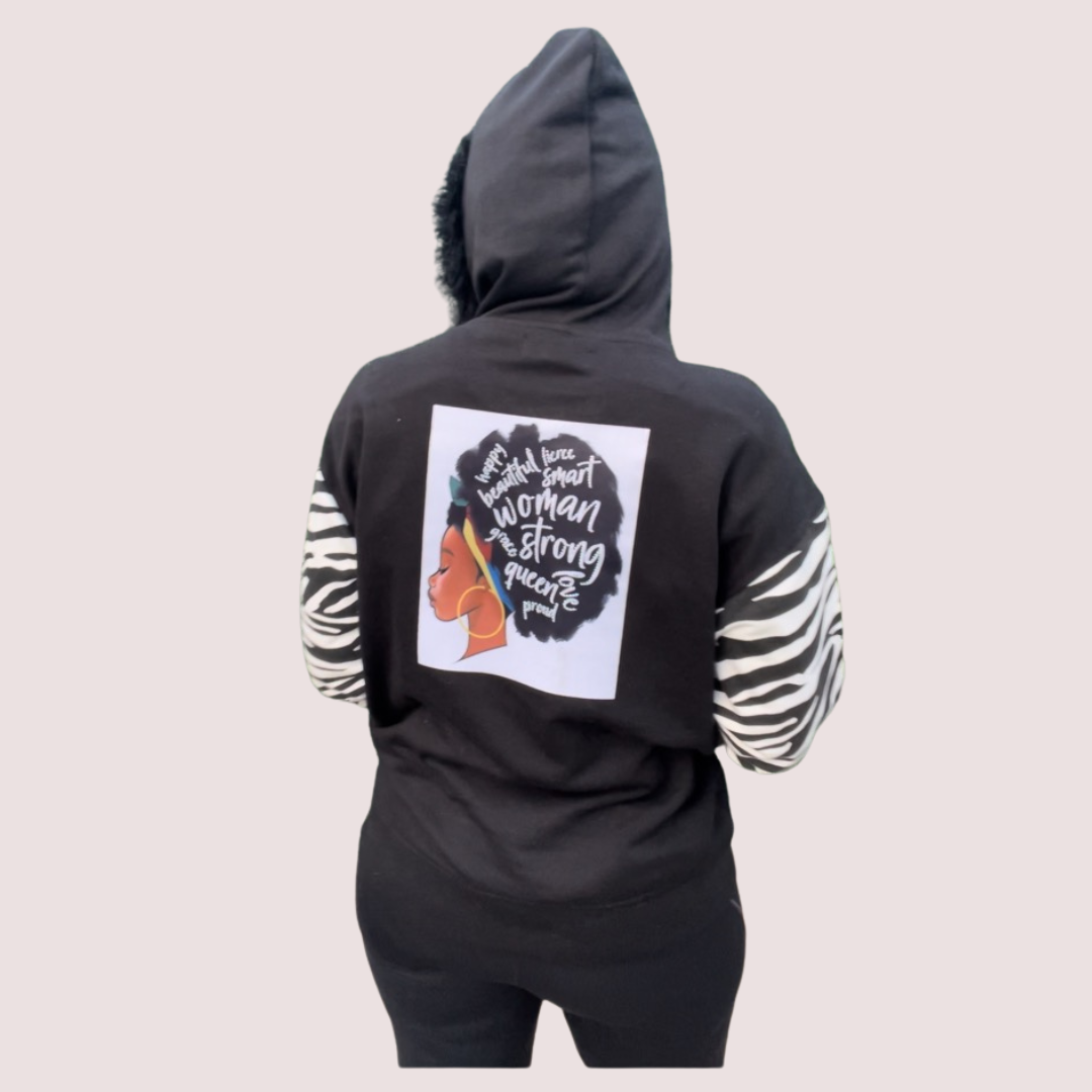 CUSTOM Glam Queen Bling Hoodie - Black with Zebra Print T Styles Online