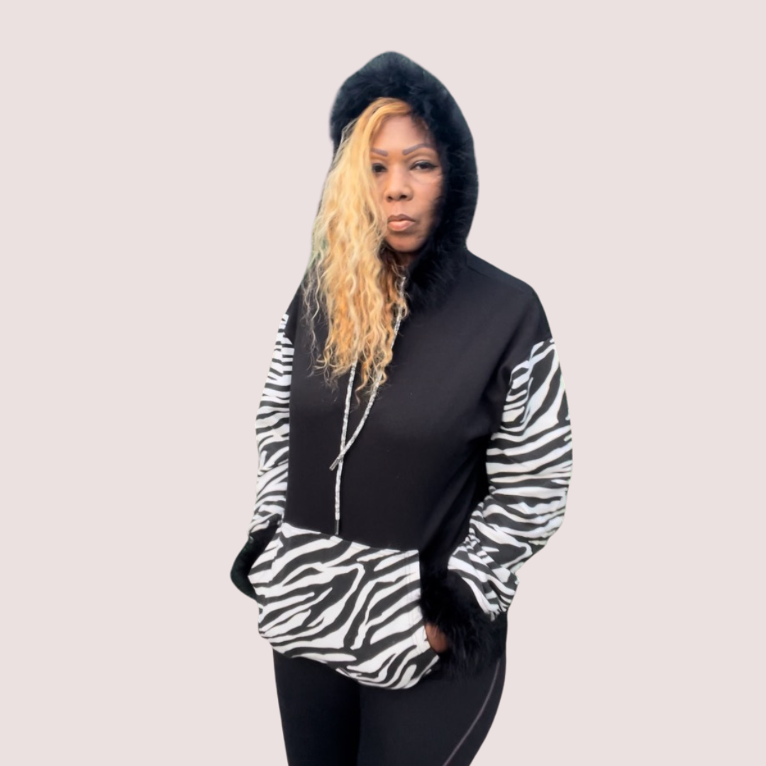 CUSTOM Glam Queen Bling Hoodie - Black with Zebra Print T Styles Online