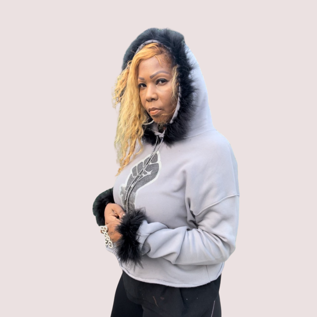 CUSTOM Glam Queen Bling Hoodie - Gray with Black Fur T Styles Online