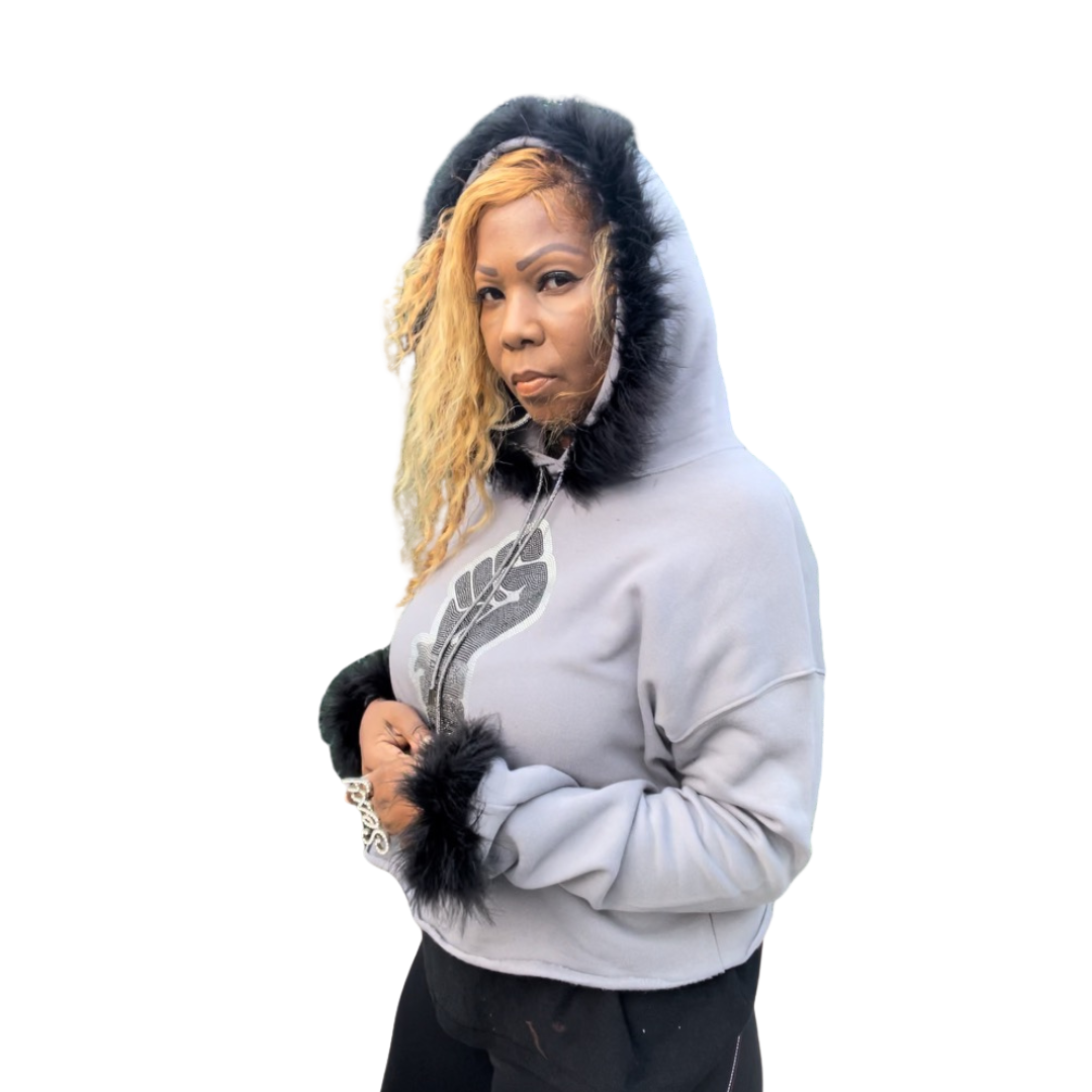 CUSTOM Glam Queen Bling Hoodie - Gray with Black Fur T Styles Online