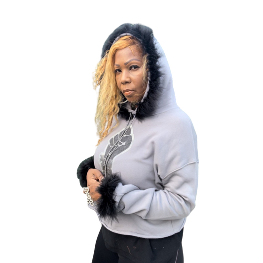 CUSTOM Glam Queen Bling Hoodie - Gray with Black Fur T Styles Online